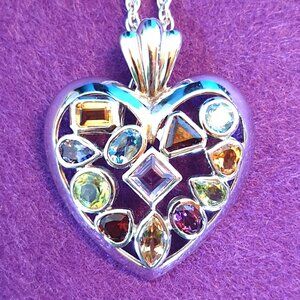 Vintage High Quality Sterling Silver Natural Multi-Gem Heart Pendant Necklace